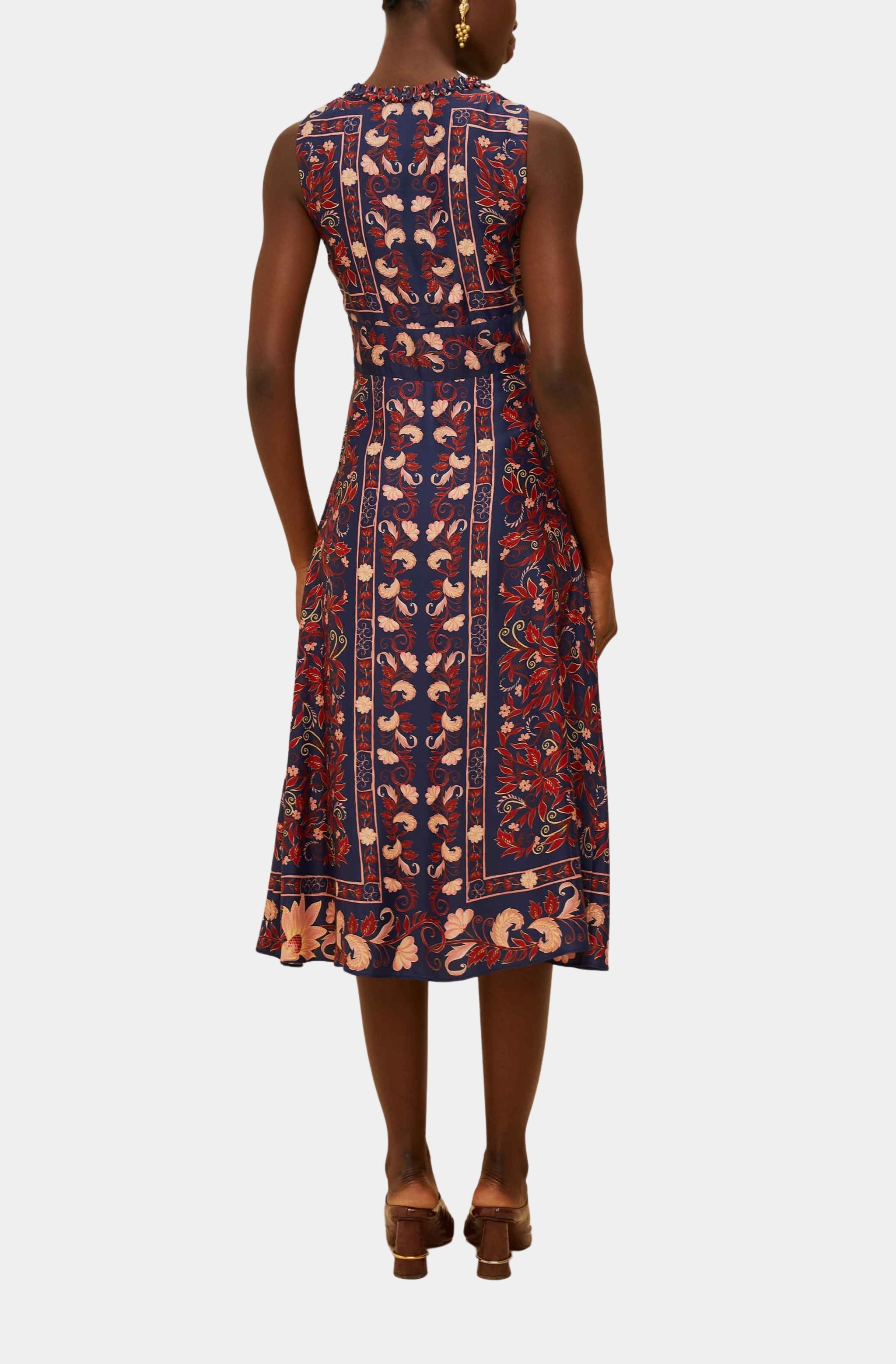 Boho Floral Scarf Navy Blue Midi Dress