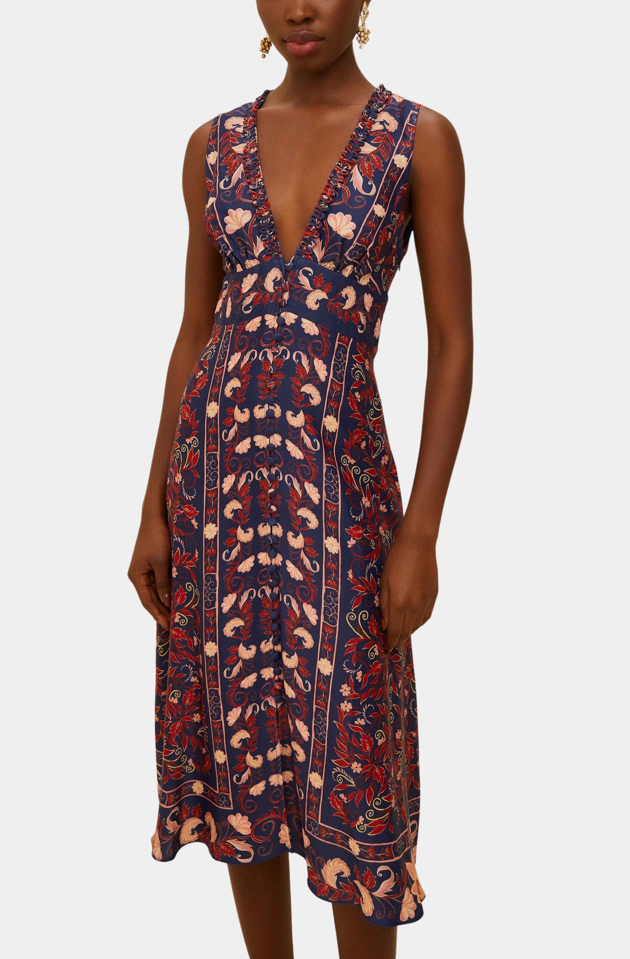 Boho Floral Scarf Navy Blue Midi Dress