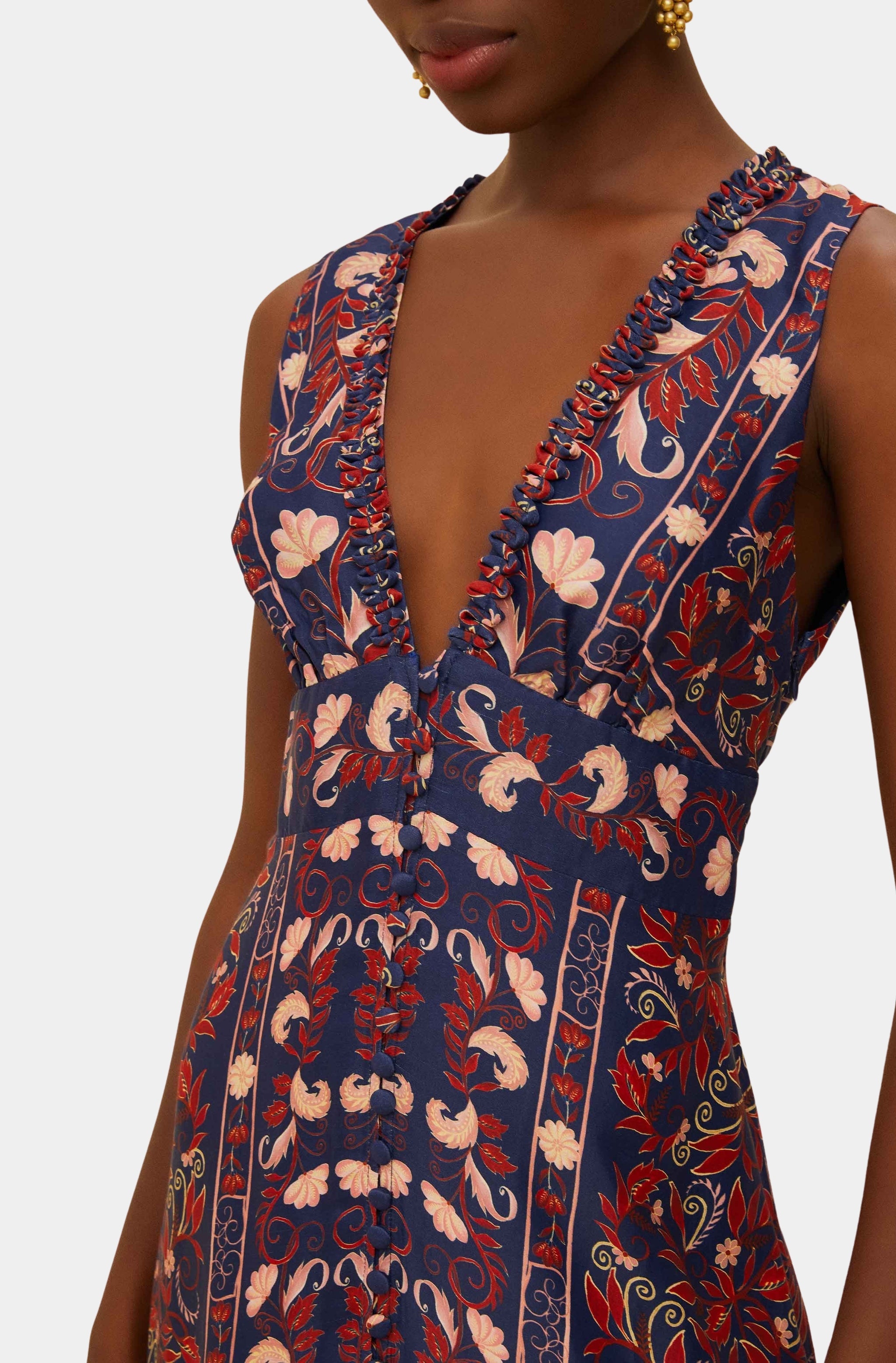 Boho Floral Scarf Navy Blue Midi Dress