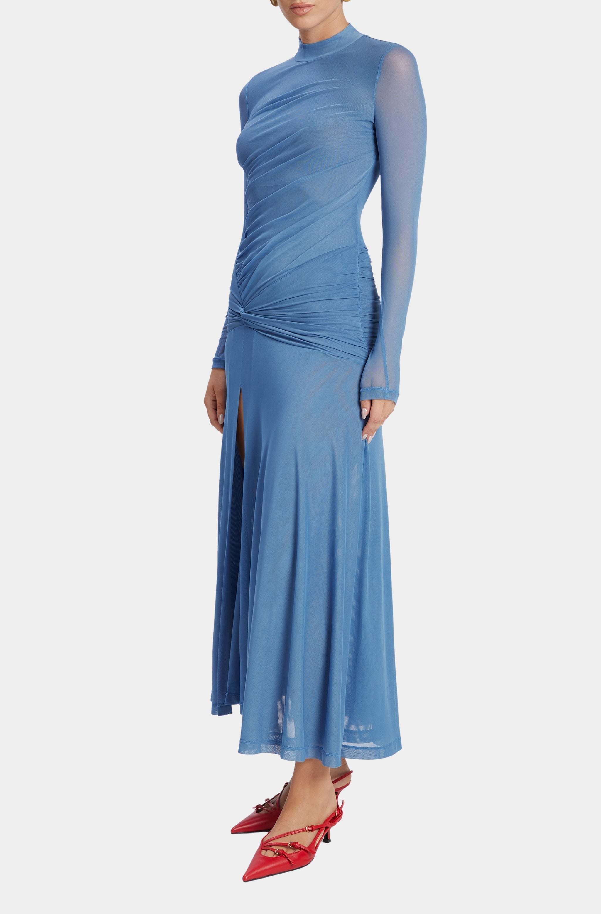 bardot liyana long-sleeve ruched mesh midi dress Liyana Ruched Mesh Midi Dress