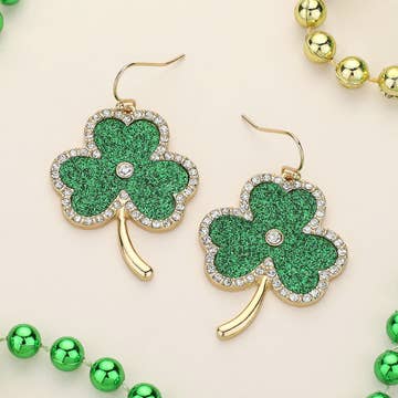 Stone Embellish Glitter St Patrick's Clover Dangle Earrings