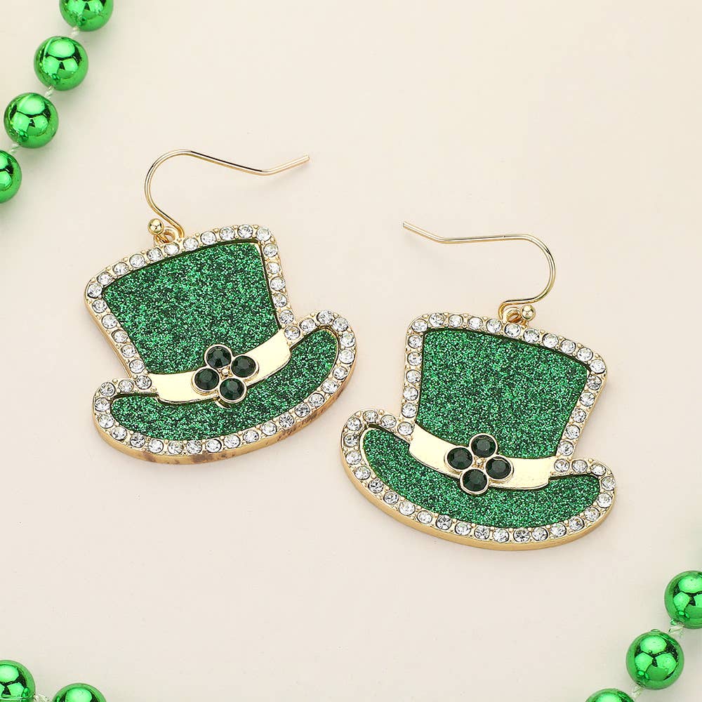 Stone Embelished Glittered St Patrick's Hat Dangle Earring
