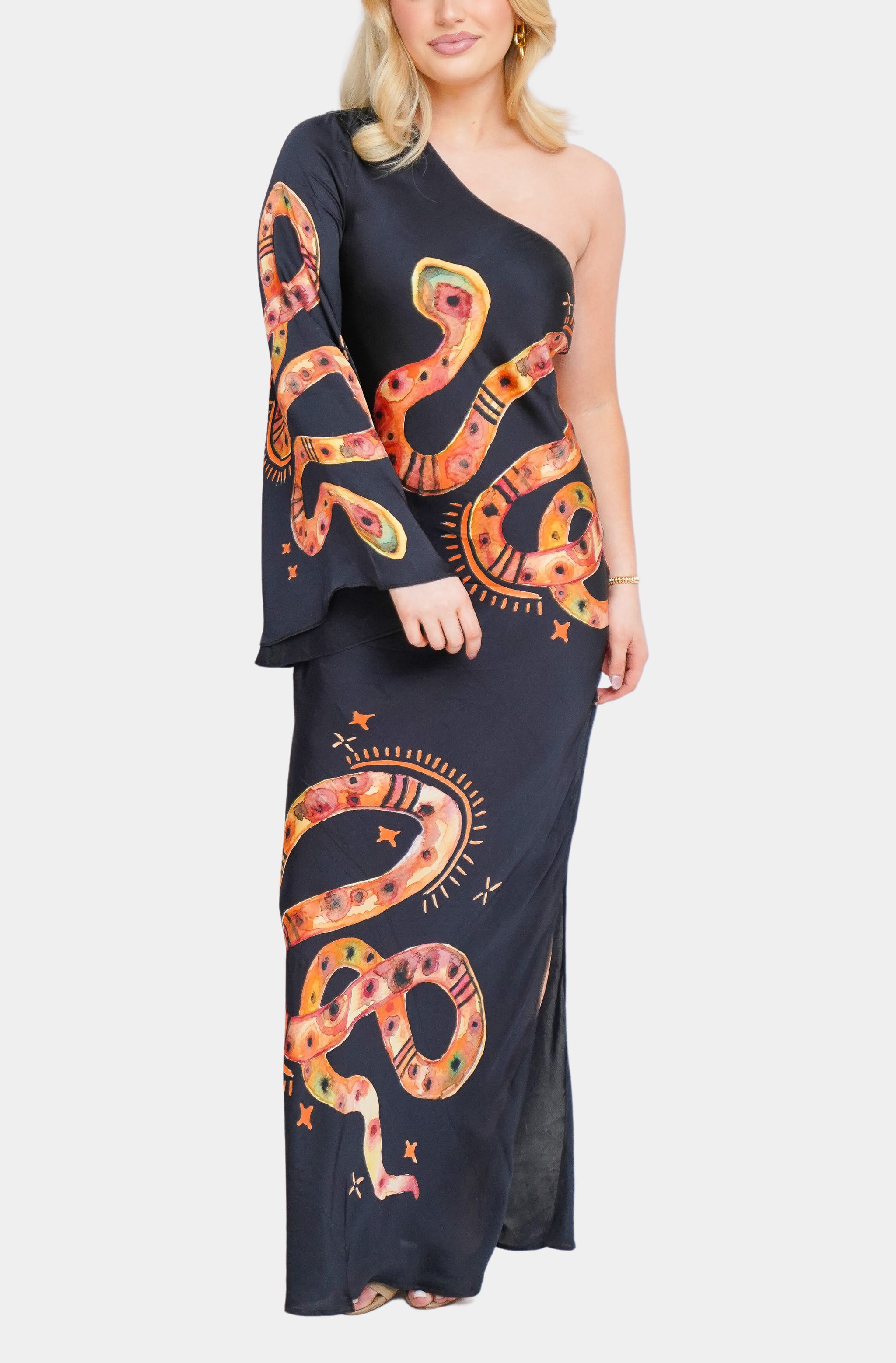 orange snake print dress Jemima Frill-Trimmed Padded Bust Dress Snakeskin Print Orange