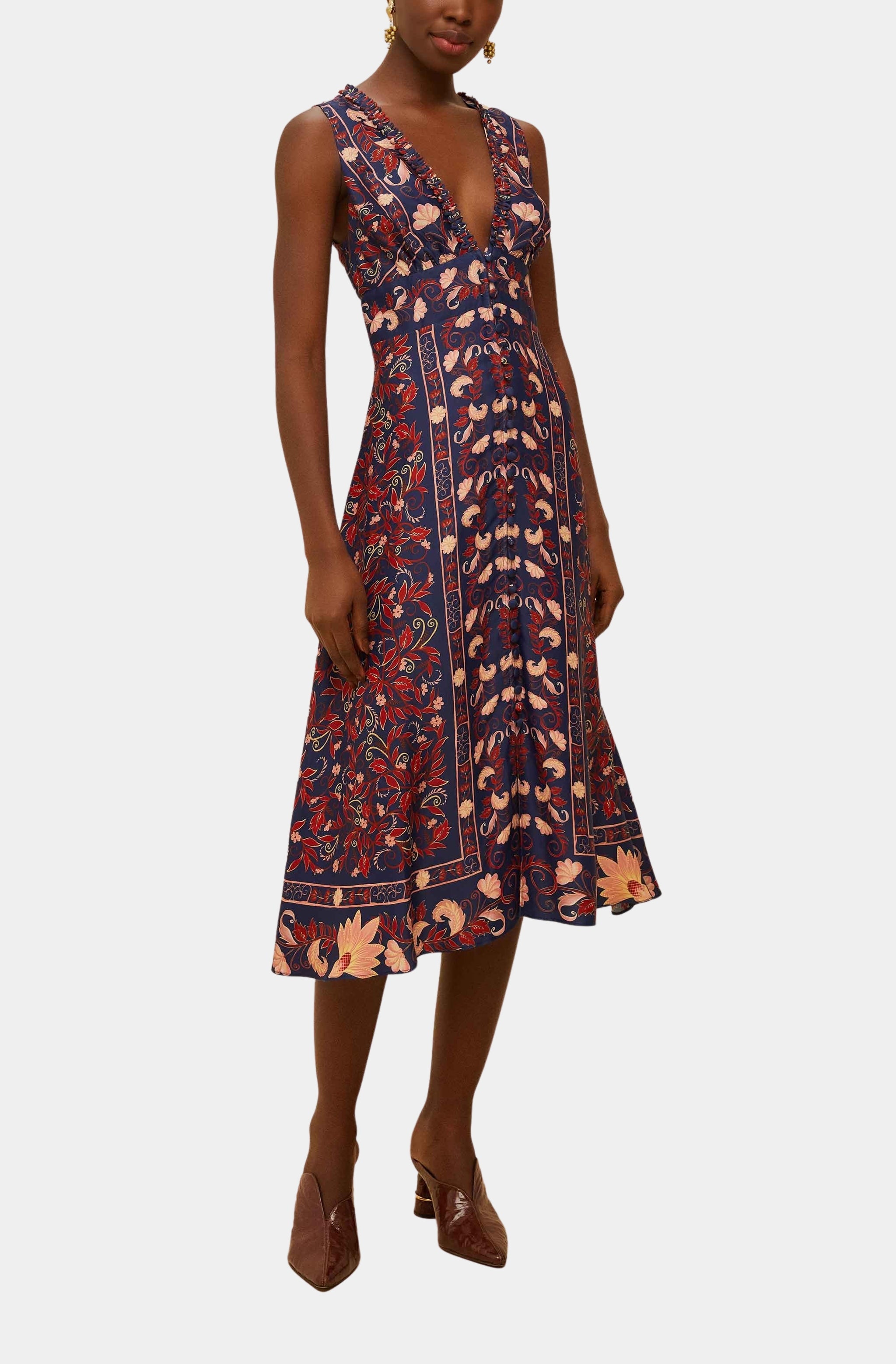 Boho Floral Scarf Navy Blue Midi Dress