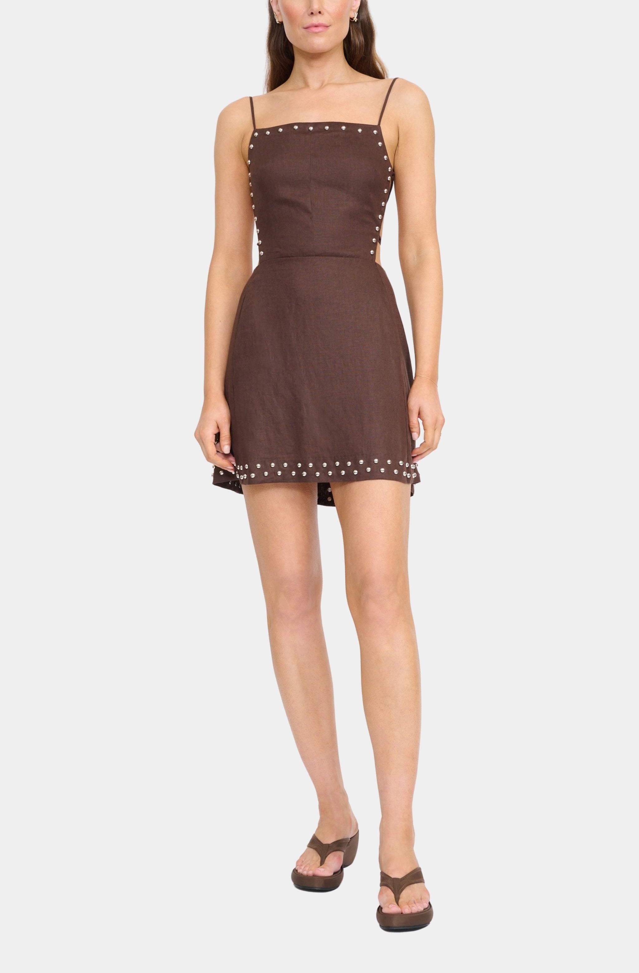 STAUD Women's Angelique Stud Detail Open Back Linen Minidress - Brown - Mini dresses STAUD Women's Angelique Stud Detail Open Back Linen Minidress - Brown - Mini dresses