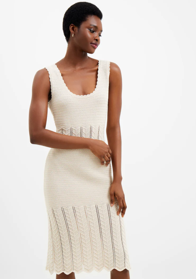 french connection nellis cotton crochet dress Nellis Square Neck Cream Crochet Knit Midi Dress Ecru