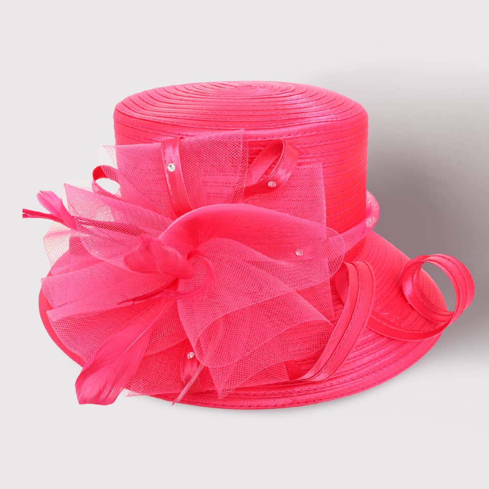 Stone Pointed Feather Mesh Bow Accented Dressy Hat