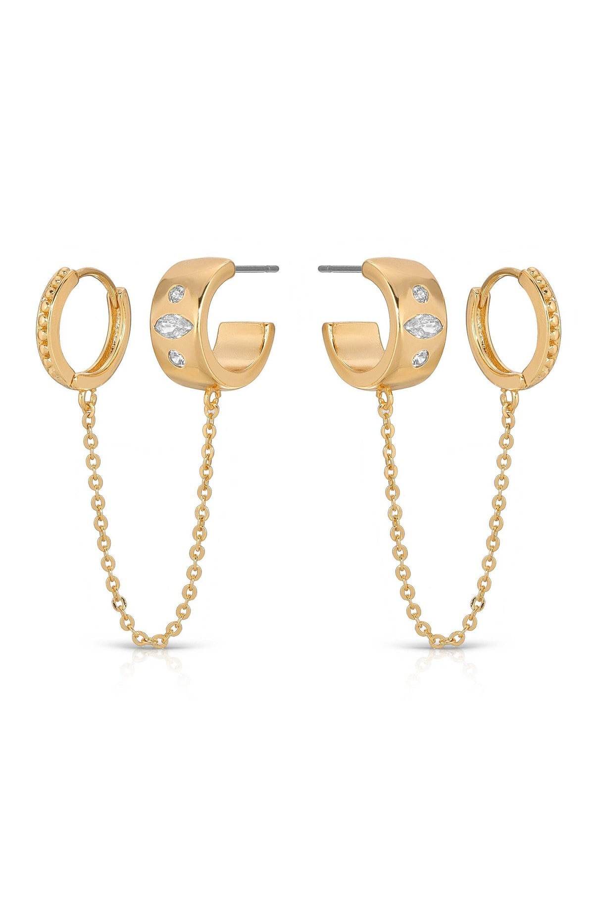 Double Piercing Bezel Crystal Dangle Earrings