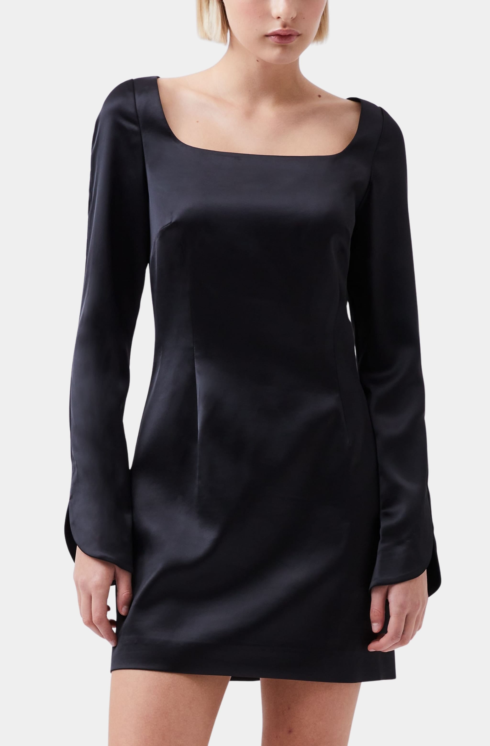 black satin scoop neck dress SCOOP-NECK SATIN MIDI DRESS - BLACK