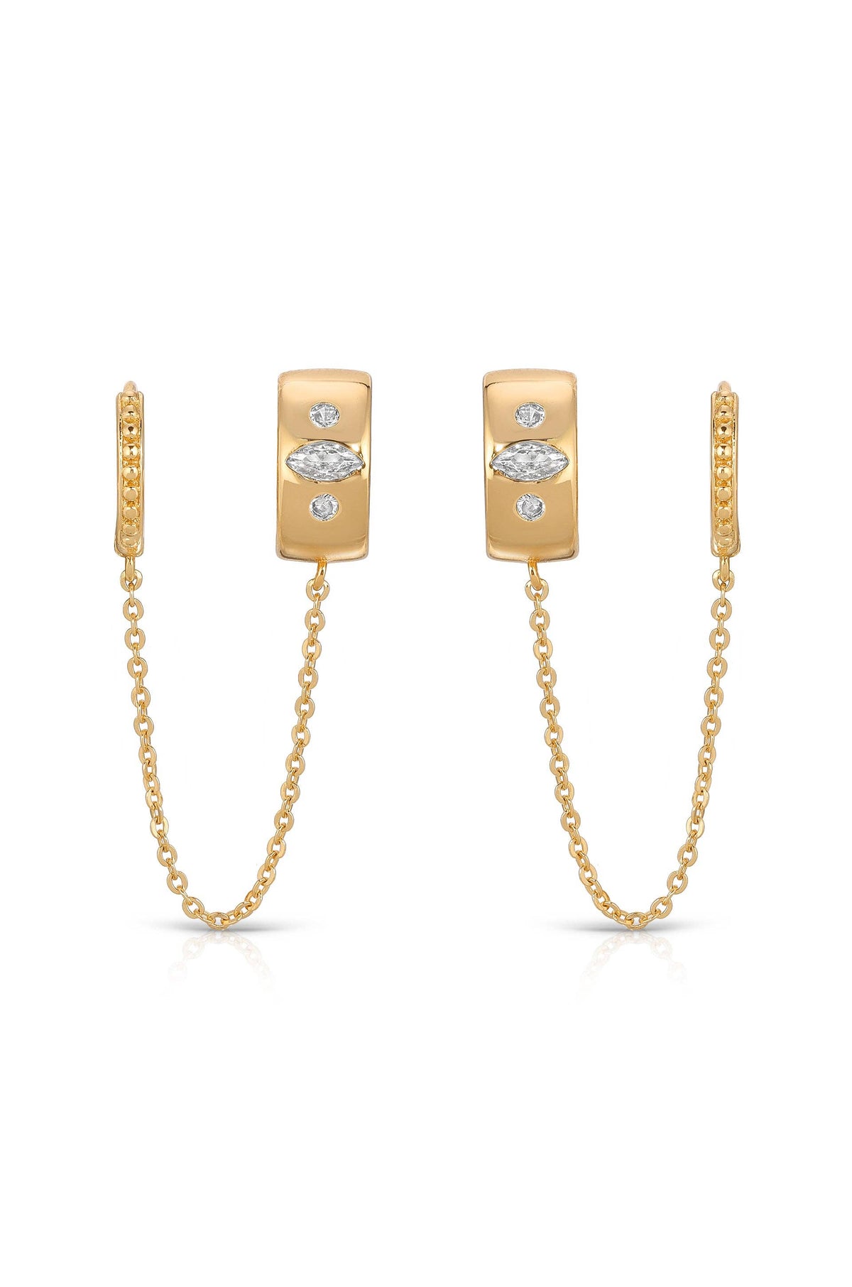 Double Piercing Bezel Crystal Dangle Earrings